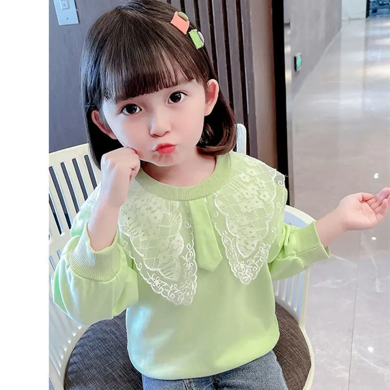 Girls' lace hoodie for spring 2024 new stylish children's T-shirt for baby girls spring and autumn long sleeved top for children