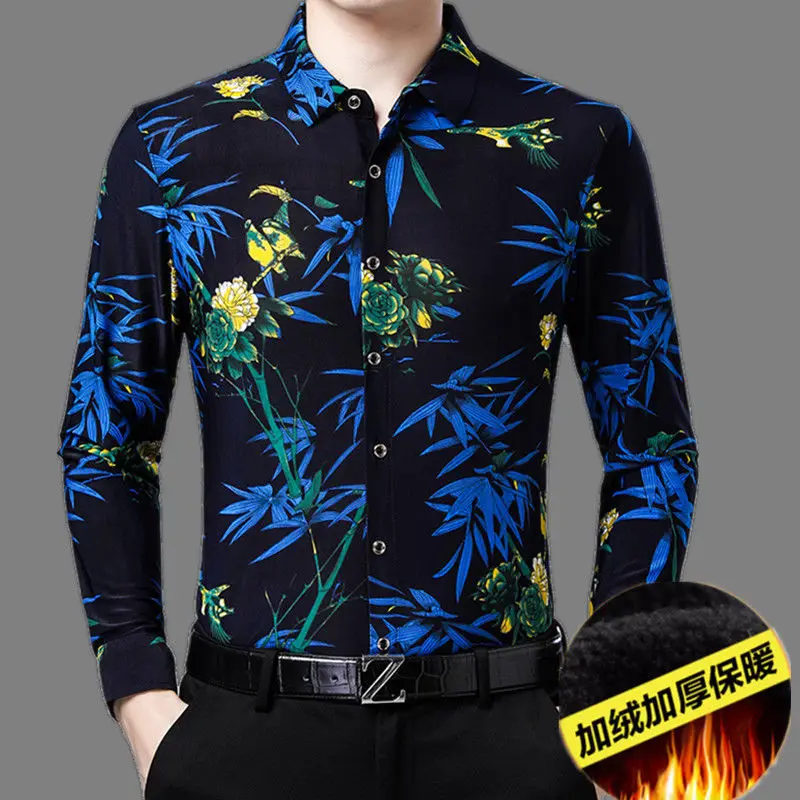 2023 New Men\'s Clothing Shirt Autumn Winter Thick Polo-Neck Long Sleeve Loose Oversized Fashion Casual Business Printed Tops