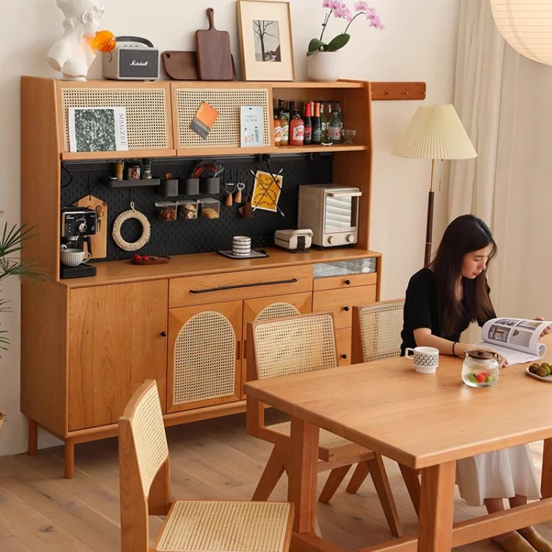 

Japanese style solid wood rattan retro restaurant side cabinet, glass tea cabinet, storage cabinet, integrated wall cabinet