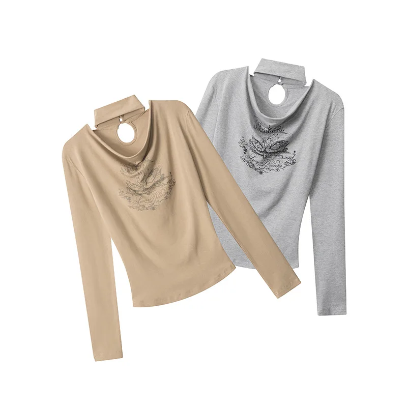 2026 Neues amerikanisches Slim-Fit-Langarm-T-Shirt im Herbststil mit drapiertem Kragen für Damen