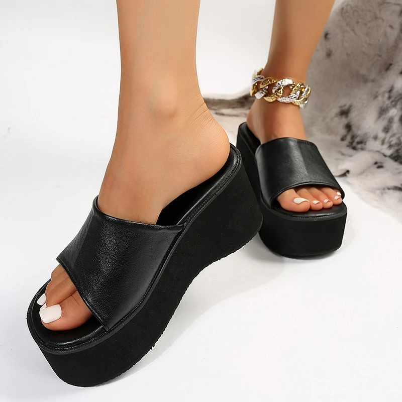 Rimocy Chunky Platform Sandals Women Fashion Black PU Leather Wedge Slippers for Woman 2023 Summer Thick Bottom Slides Plus Size