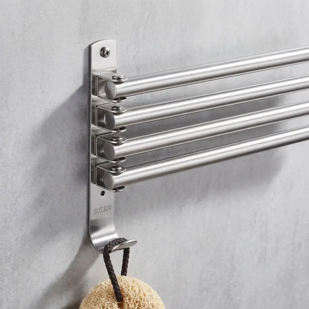 Durable Stainless Steel Towel Racks Swivel Out Silver Towel Holder Organizer Wall Mount with Hook Towel Bar Space-Saving