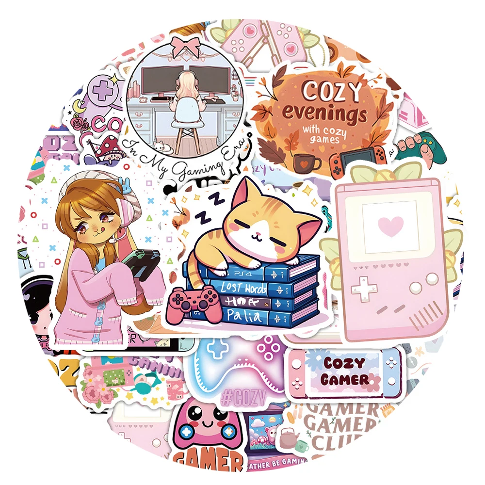 

10/30/64pcs Kawaii Cartoon Pink Cozy Gamer Stickers Cute Girl Decals Water Bottle Computer Phone Laptop Graffiti Sticker Packing