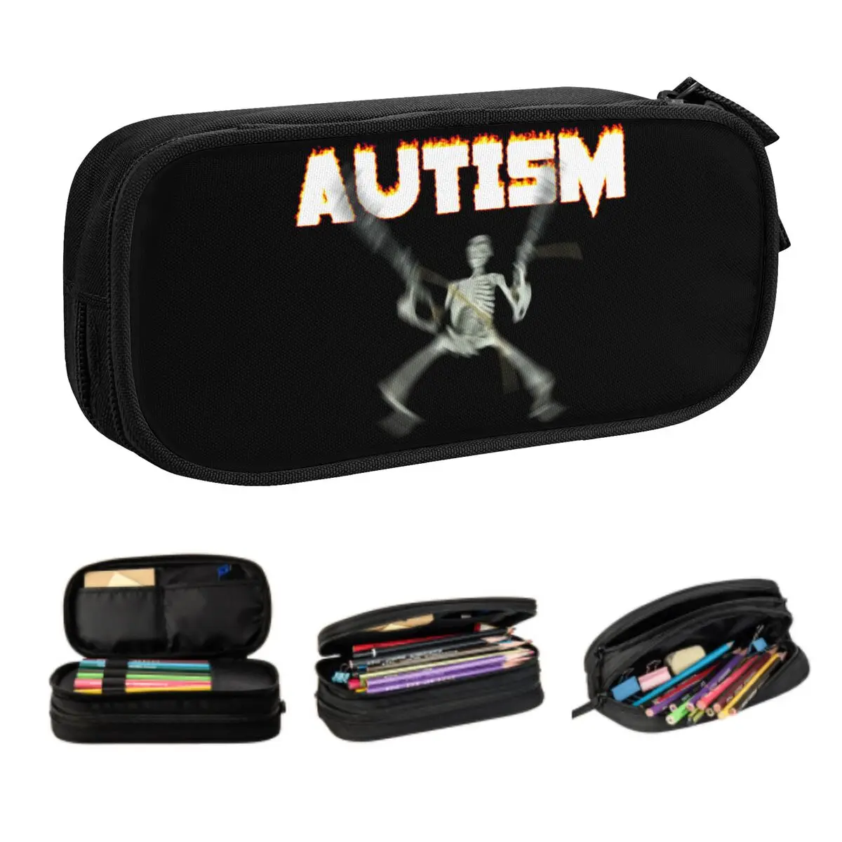 Custom Autism Skeleton Meme Cute Pencil Case Girls Boys Large Capacity Pencil Bag School Supplies