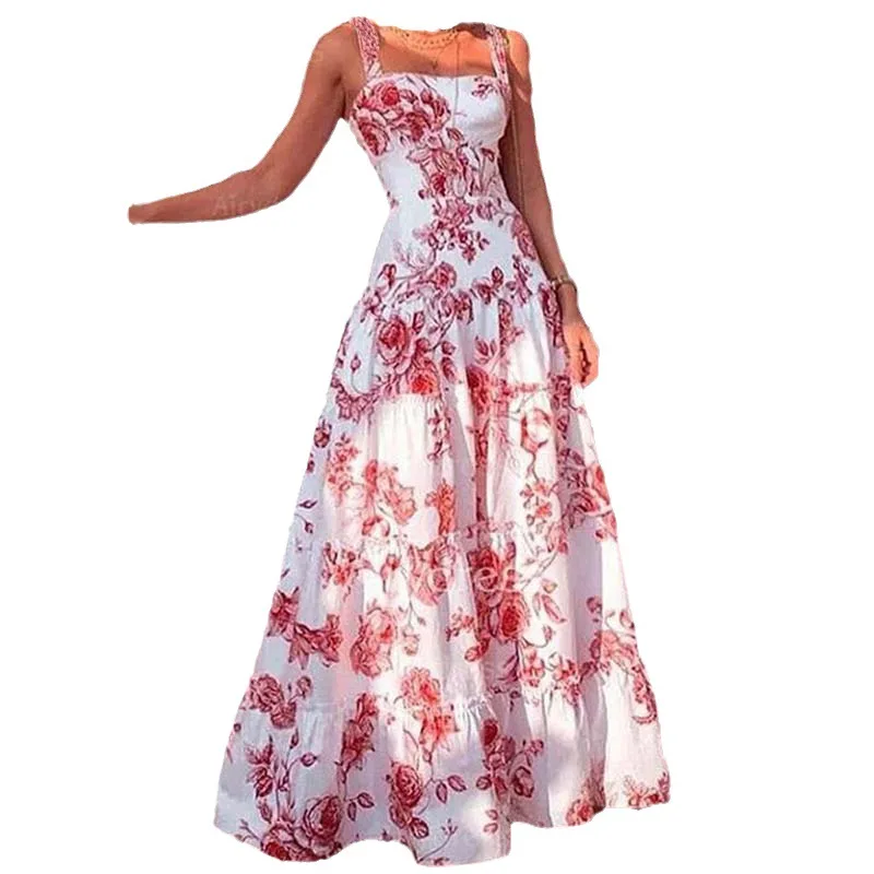 Slim-fit Camisole Maxi Dresses for Women Summer Sexy Long Dress Women Fashion Floral Printed Square Collar Without Sleeves Dress