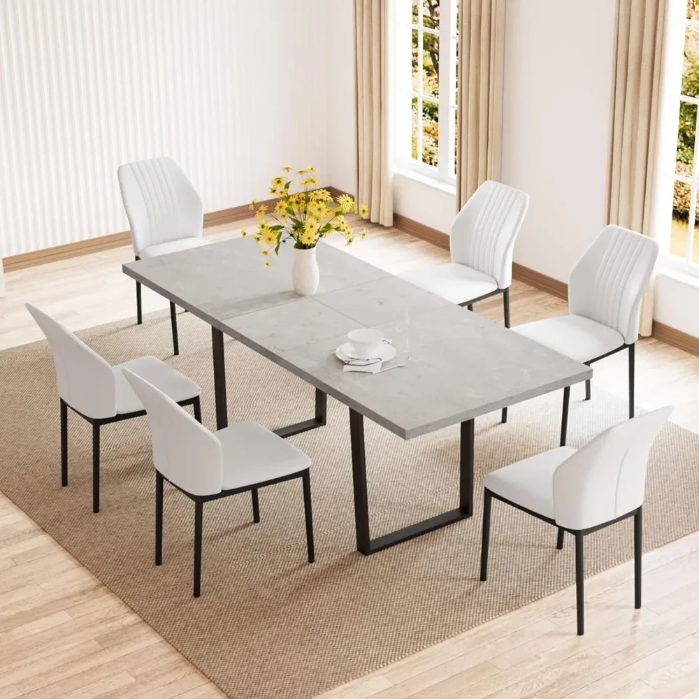 

Modern Mid-Century Dining Table Set for 6-8 People Extendable Wood Dining Table and 6 Upholstered Chairs