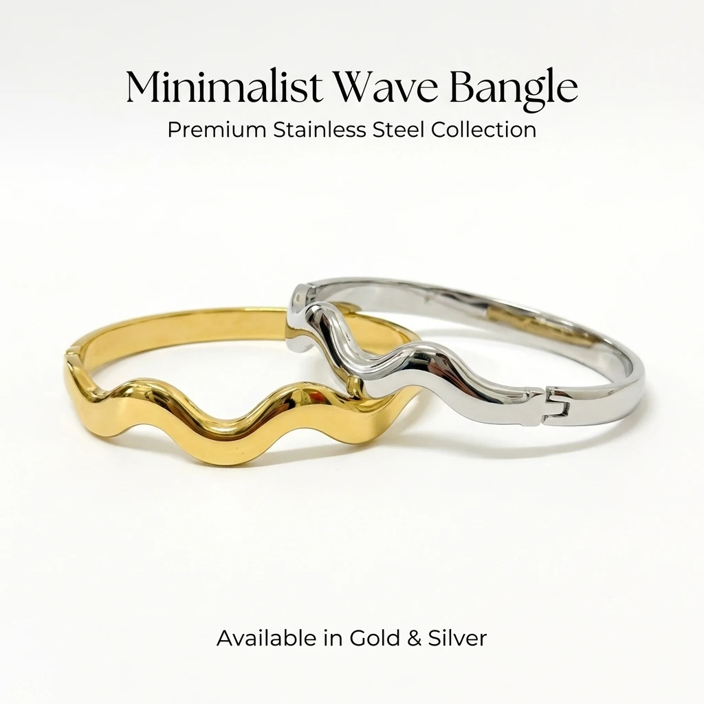 Gold Color Snap-on Bangle, Stainless Steel Waves Bracelet for Women, Fashion Jewelry Gift 60mm JP One