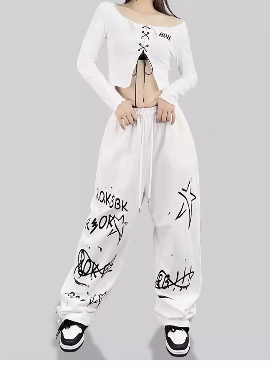 American street hip-hop calças femininas cintura alta personalidade carta impressão calças compridas 2025 verão nova moda y2k calças