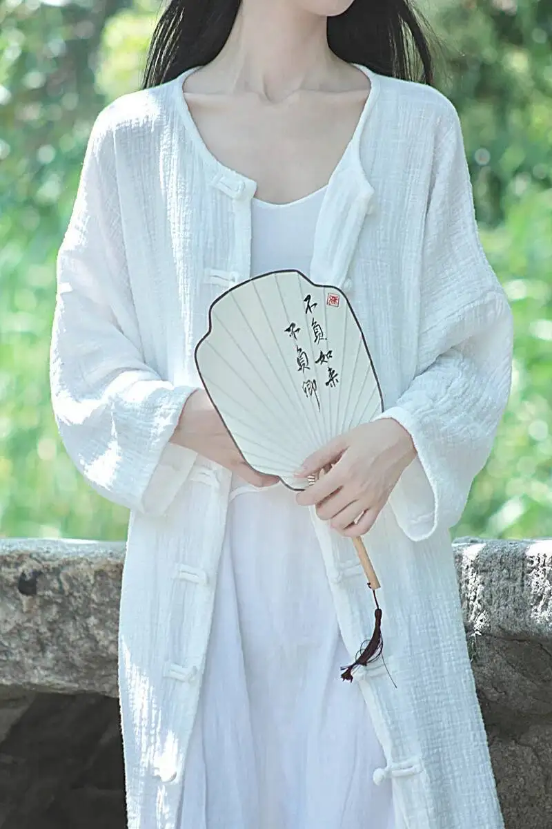 Damski płaszcz z bawełny i konopi UMI MAO, jesienny, w stylu retro, chińskim, sukienka, długi artystyczny kardigan zapinany na guziki, styl Y2K.