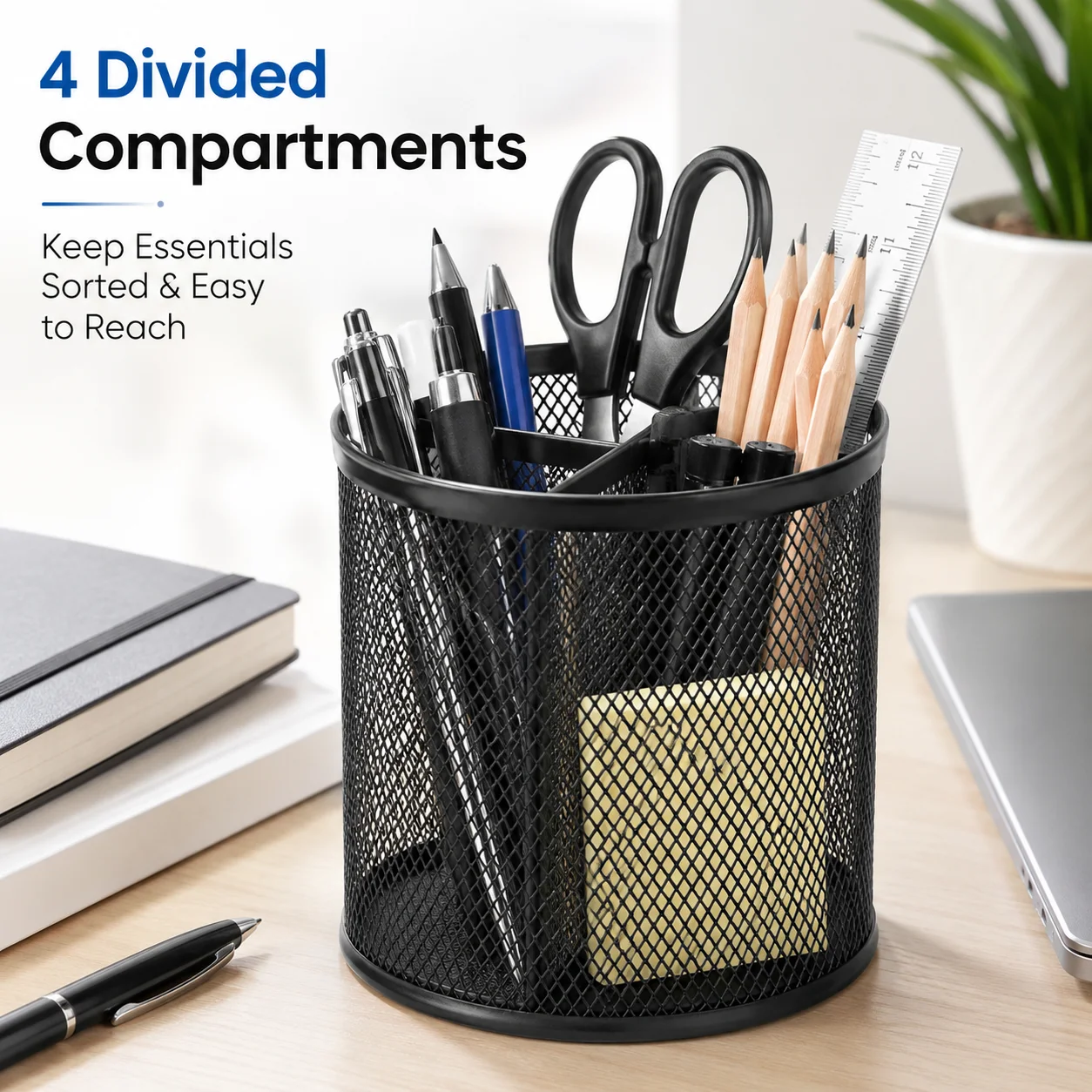 3-grid circular mesh, black metal split pen cup stationery storage container, used for storage