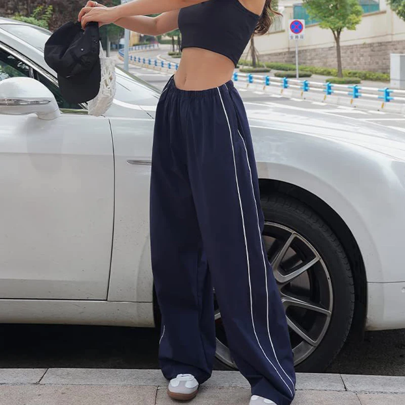 

Women's casual work pants solid color low waist large pocket wide leg loose pants women's Y2K street wear casual sports pants