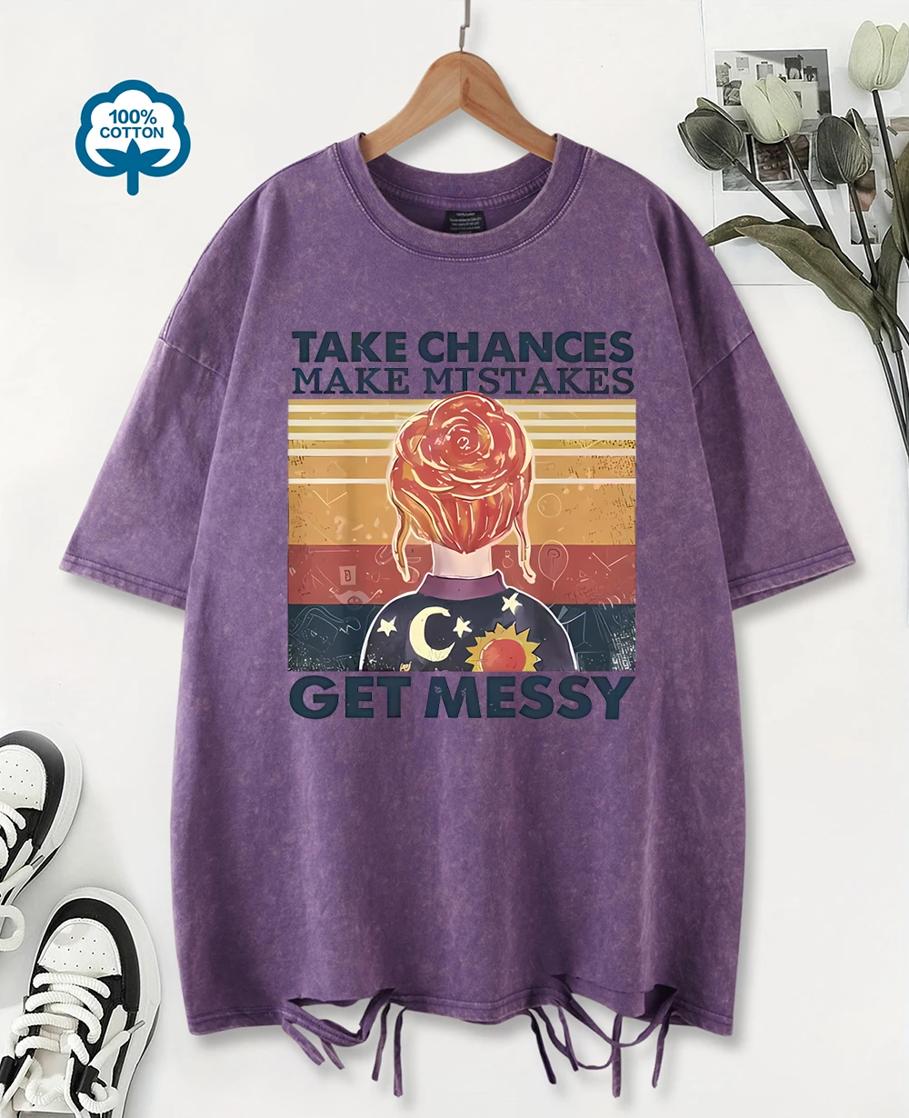 

Женская футболка с потертыми отверстиями Take Chances Make Mistakes Get Messy с принтом, мягкая хлопковая футболка, универсальный топ Y2K, свободная летняя одежда