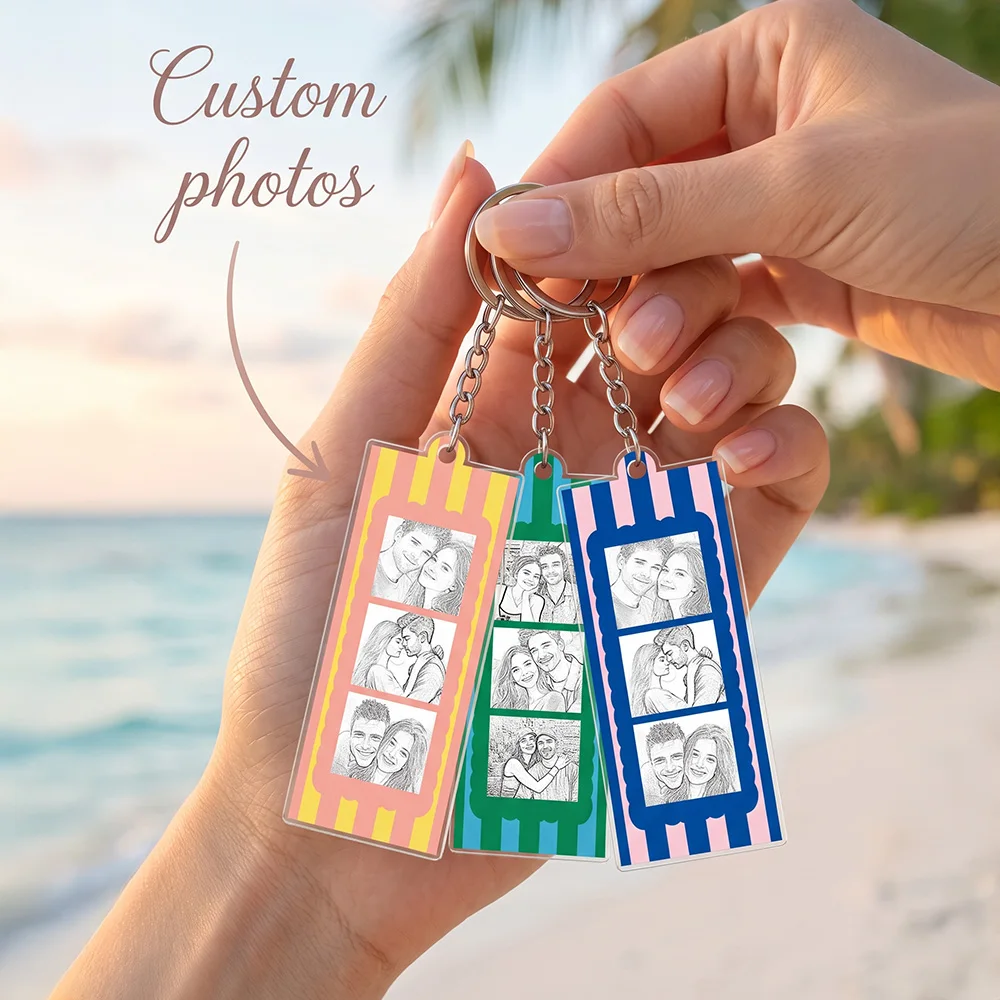Personalized, Custom Photo, Keychain, Custom Sketch Photo Keychain, Couple Photo Collage Keychain, Vertical Striped Rectangle,