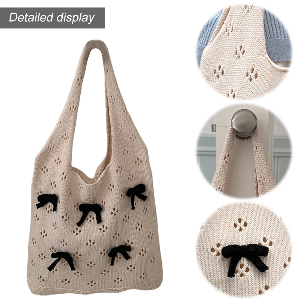 

Women Knitted Shoulder Bag Large Capacity Crochet Bow Tote Bag Woven Hobo Bag Casual Beach Bag for Outdoor Travel