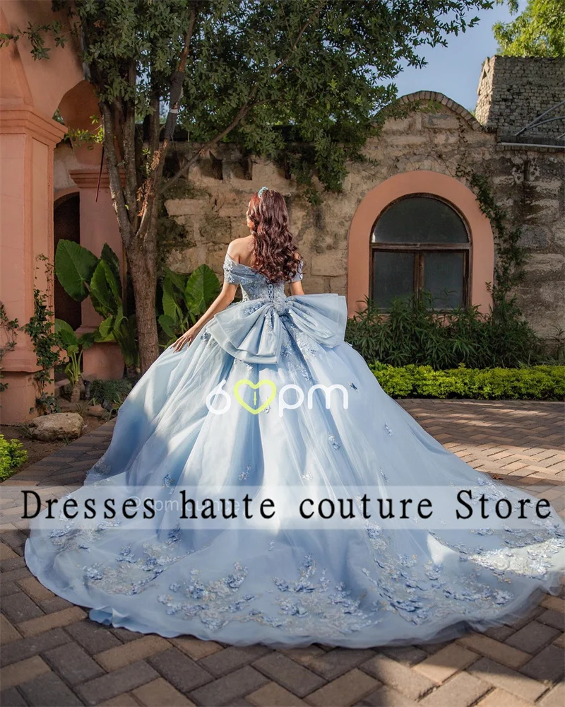 Sky Blue Lace 3D Flower Appliques Quinceanera Dresses 2024 With Butterfly Bow Ball Gowns Tulle Princess Sweet 16 Dress Lace up