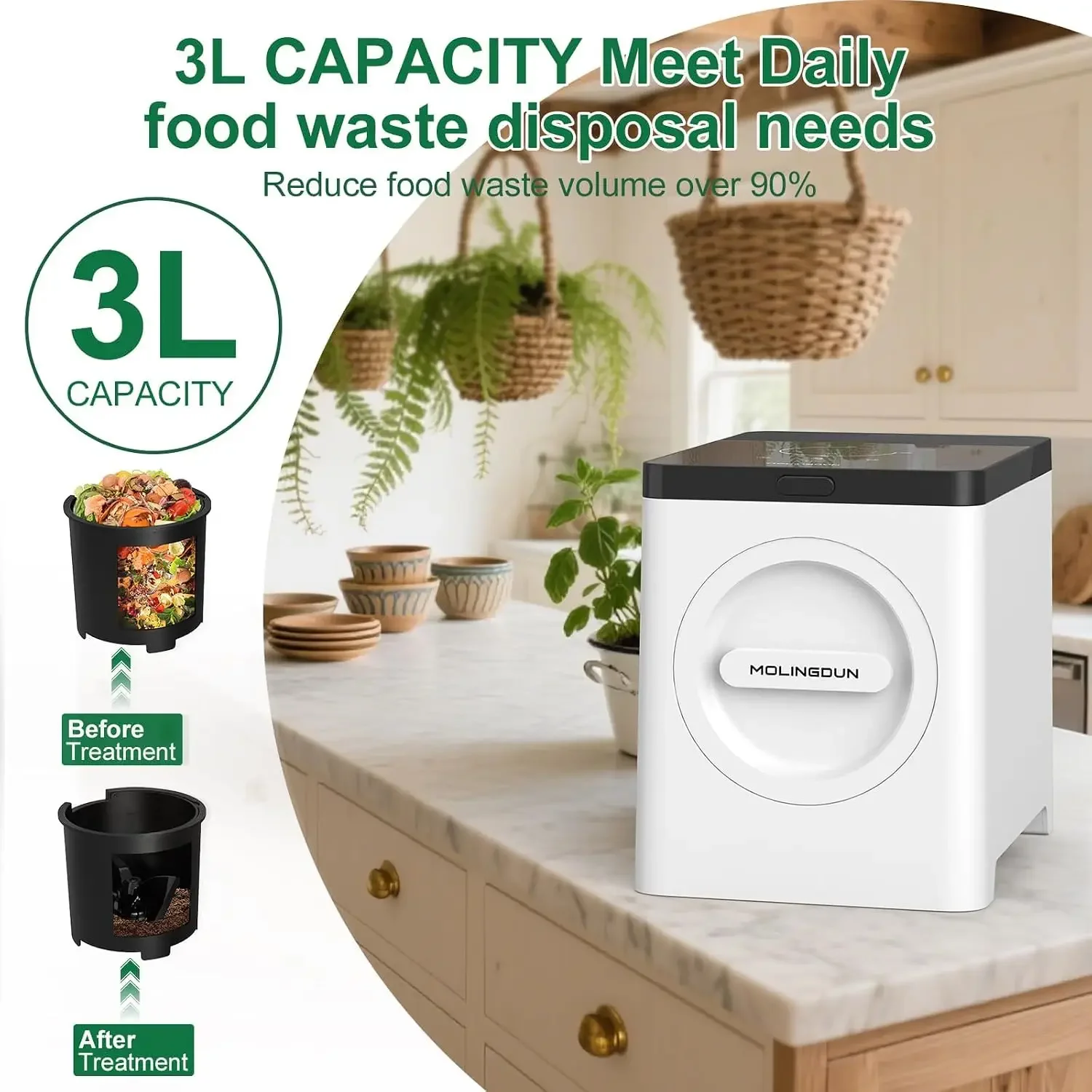 3L Electric Composter for Kitchen, Countertop Compost bin, One Touch Smart Model Handle Kitchen Waste, with Triple Grinding