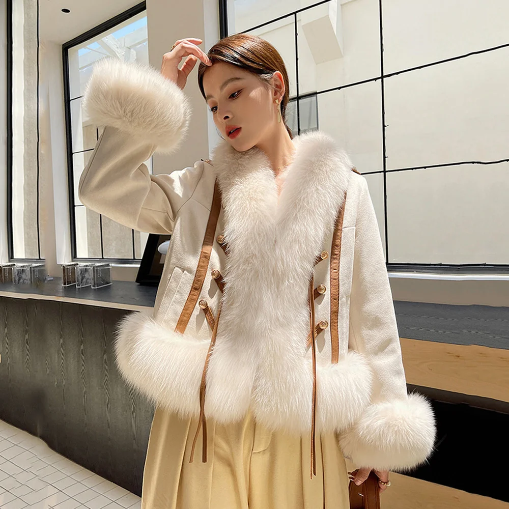 Women Real Fur New Coat Autumn Winter Retro Court Style Thicken Fox Fur Collar Suede Fur Jacket Goose Down Liner Loose Outerwear