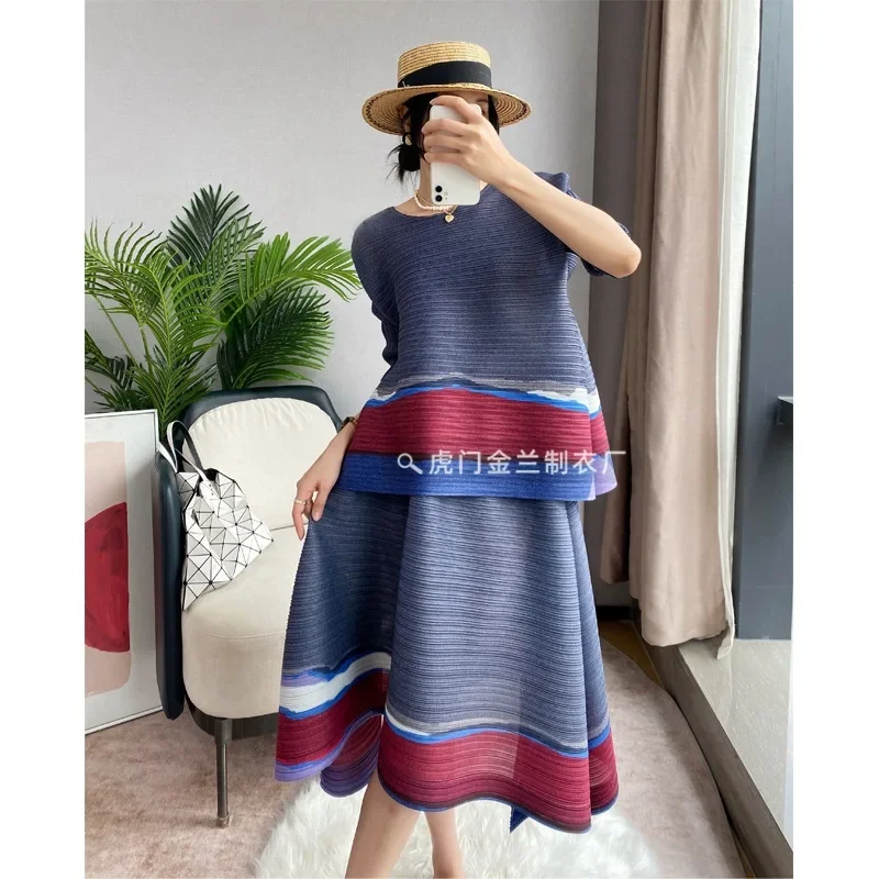 

ALSEY Women's Suit Spring Summer Color Collision Top + A-line Skirt Miyake Pleated Two-piece Set Loose Size 2-piece Fashion