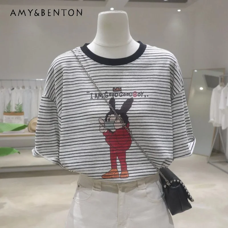 

Ladies Striped Cartoon Print Cotton T Shirt 2006 Summer Breathable Loose Slim Short Sleeved Casual Versatile Daily Wear Top Tees