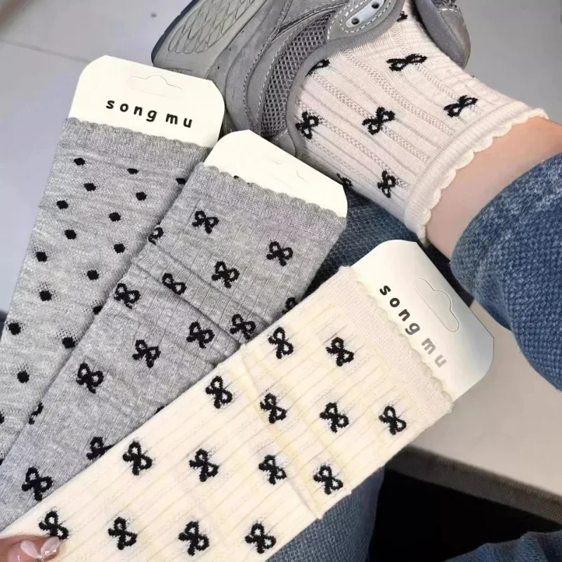 1/4pairs Thin Breathable Summer Women Bow Socks Korean Fashion Solid Color Loose Long Socks Japan School Girls Grey White Socks image 5