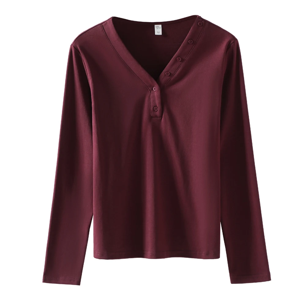 European long sleeved T-shirt for women in spring and autumn, new high-end cotton fashion plus size V-neck button casual top