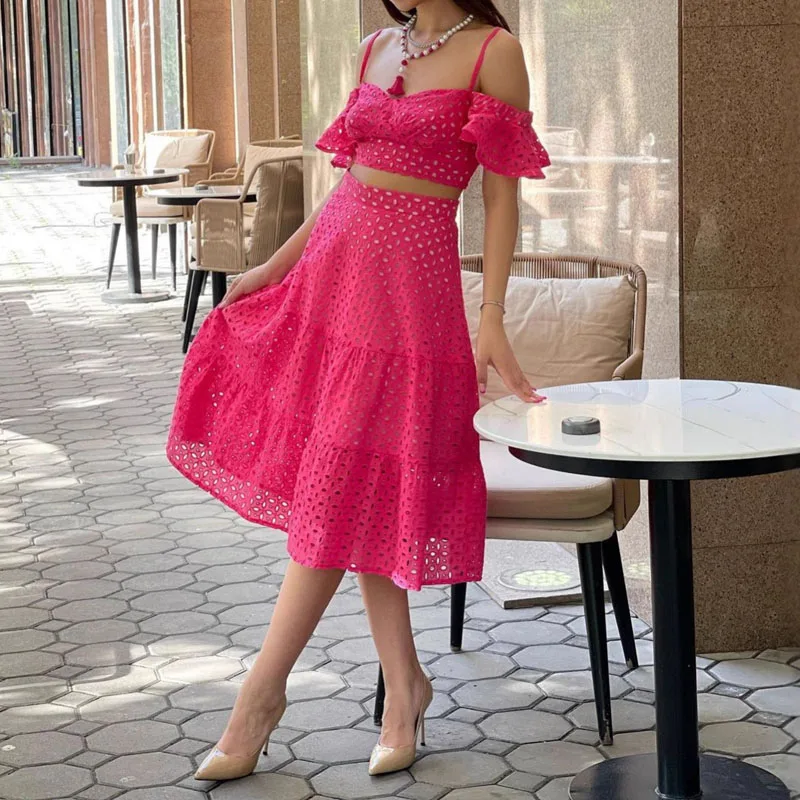 Moda cintura alta sólida 2 pc outfits feminino elegante bordado oco saia conjunto sexy com decote em v manga curta topo & meia saia terno
