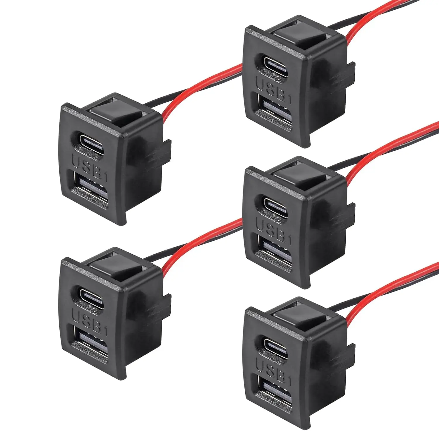 5Pcs Black Double Layer Usb Female Base Type-C Socket and Female Usb Lamp Charging Socket Power Socket With Cable Connector