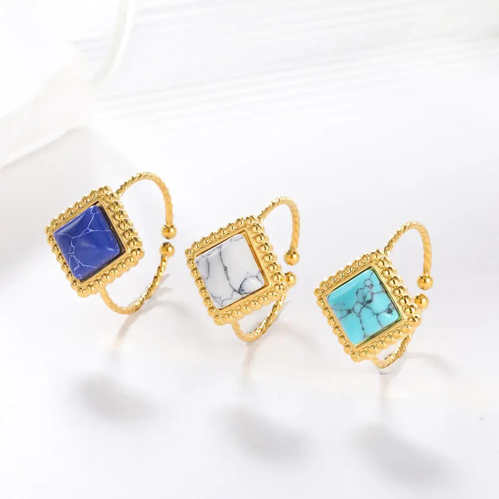 PVD Plated Stainless Steel Ring Vintage Square Natural Stone Rings Open 18K Gold Color Opal Jewelry For Women Anniversary Gift