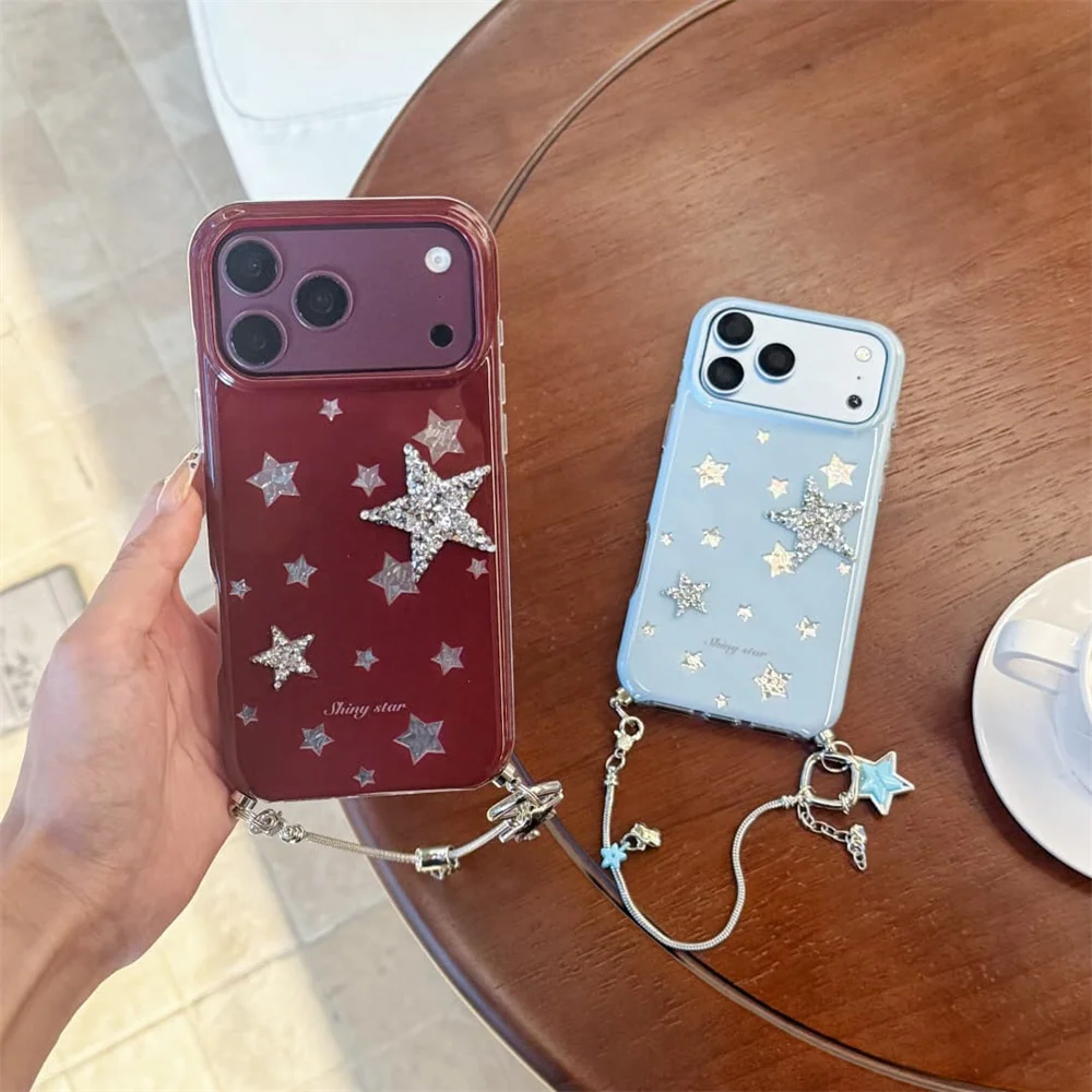 Korea Fashion Ins Red 3D Stars Phone Case For iPhone 18 Pro 17 16 15 Pro Max Back Cover Shockproof Cute Cases 18Promax Glitter
