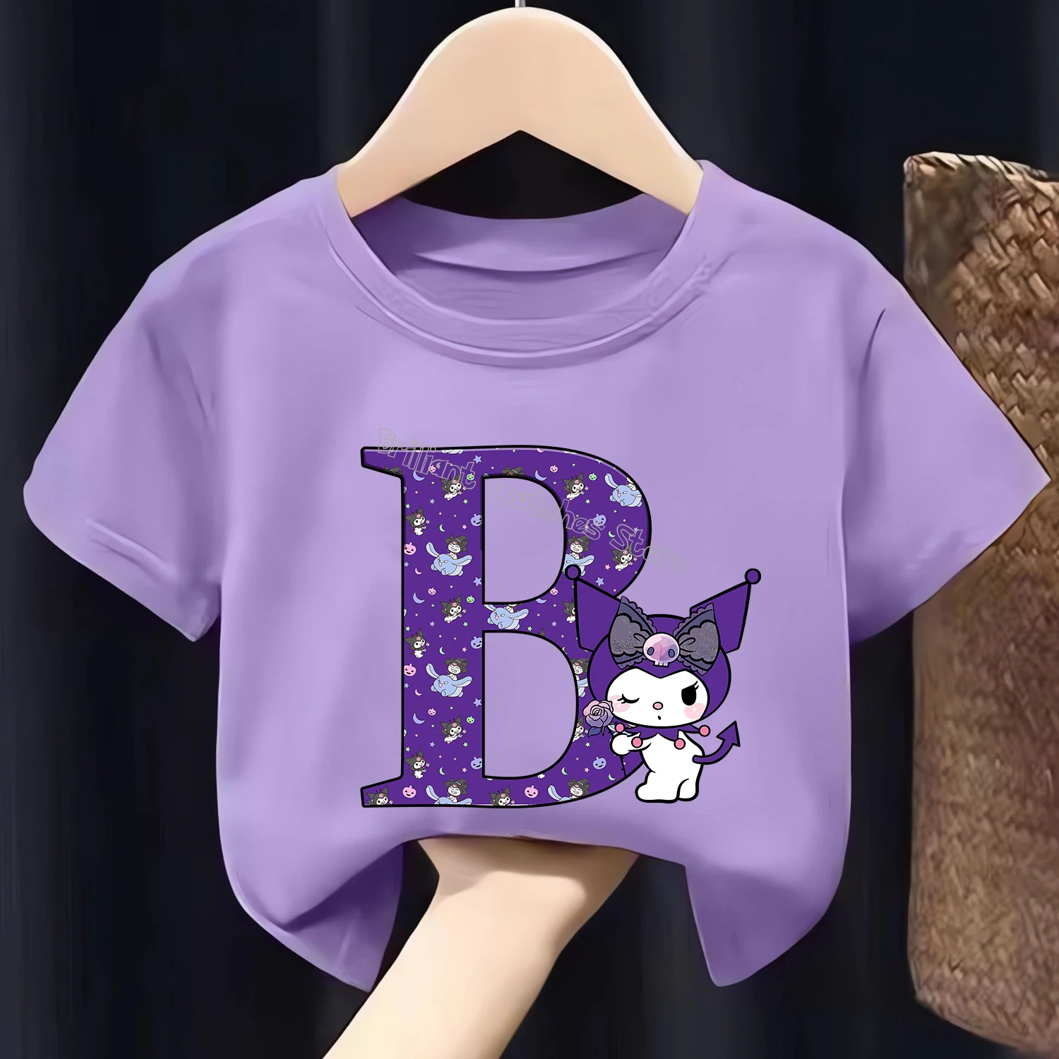 Kuromi Letter A-Z T-shirt for Children Cute Cartoon Clothes Fashion Top Clothing New Purple Short Sleeve Summer Tee Kids Gift