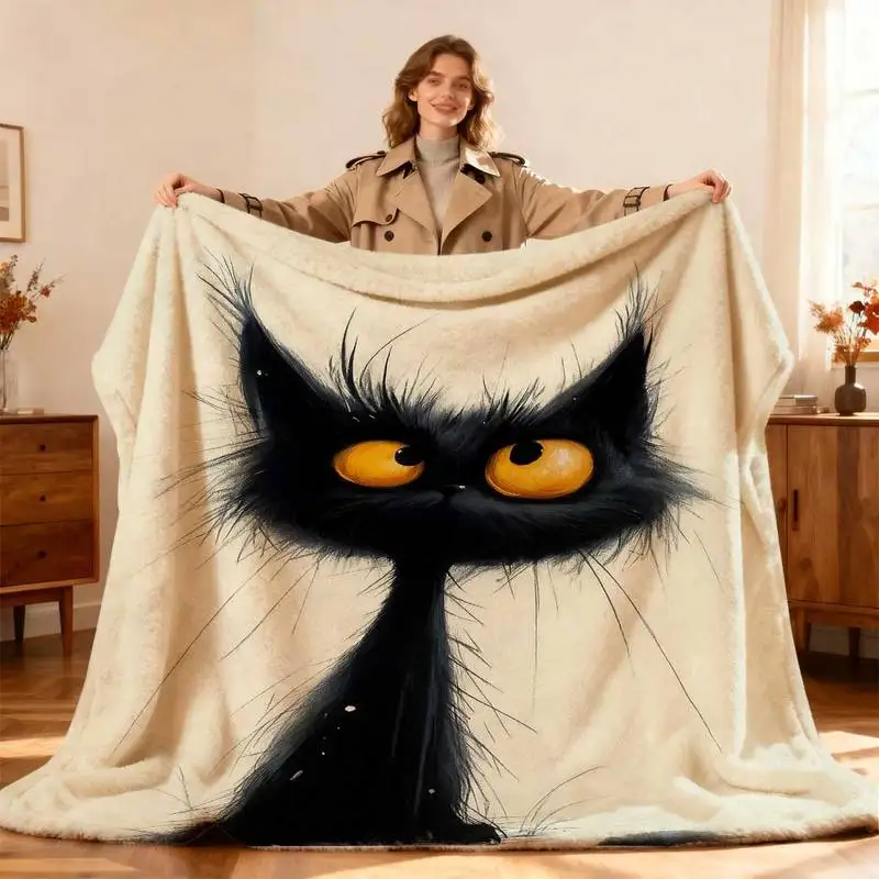 

Пушистый плед с черной кошкой и большими глазами, мягкий уютный фланелевый плед для дивана, кровати, подарок для любителей кошек и причудливых подарков