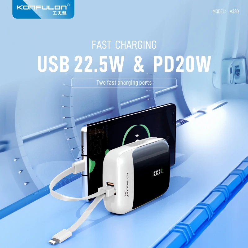 Imagem -02 - Mini Banco Portátil do Poder Carregador Rápido Construído no Cabo Bateria Externa Poderosa Powerbank para o Iphone 14 Samsung 10000mah 22.5w