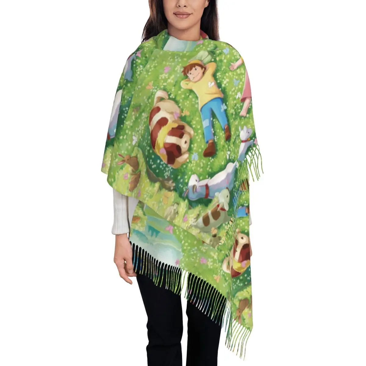 

Женский большой аниме Heidi Girl Of The Alps, шарфы с героями комиксов, женские зимне-осенние мягкие теплые шаль с кисточками, шарф с запахом