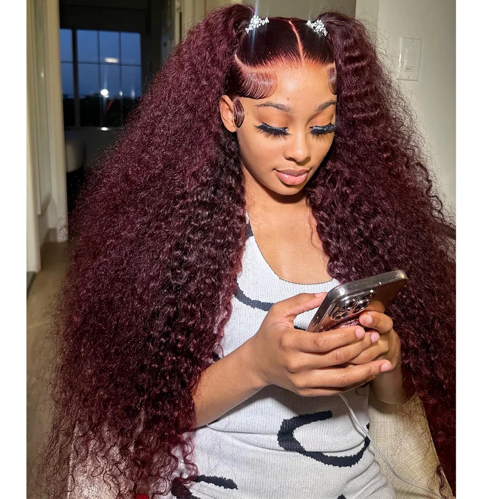 Linhua Dark Burgundy Colored Jerry Curly 99j Red  5x5 Lace Wig 13x4 Transparent Lace Wigs Remy 13x6 Lace Frontal Wig Preplucked