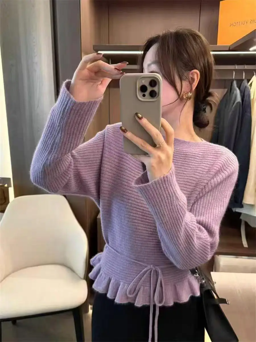 Feminino outono inverno novo estilo coreano macio plissado gravata na cintura de malha versátil camisola topo