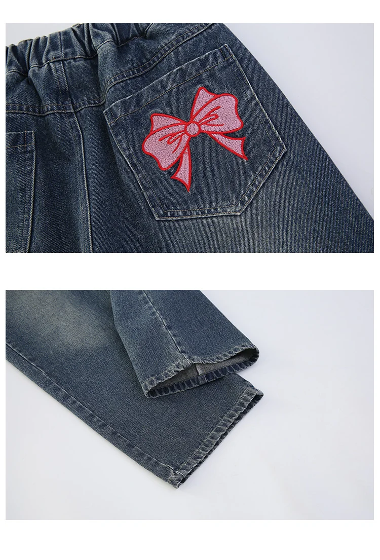 Schmal geschnittene Schulmädchen-Jeans mit Schleifen an den Gesäßtaschen, Kinder-Frühlings-Vintage-Denim-Hose mit Schleife, lässige Kinderhose – Detail 9