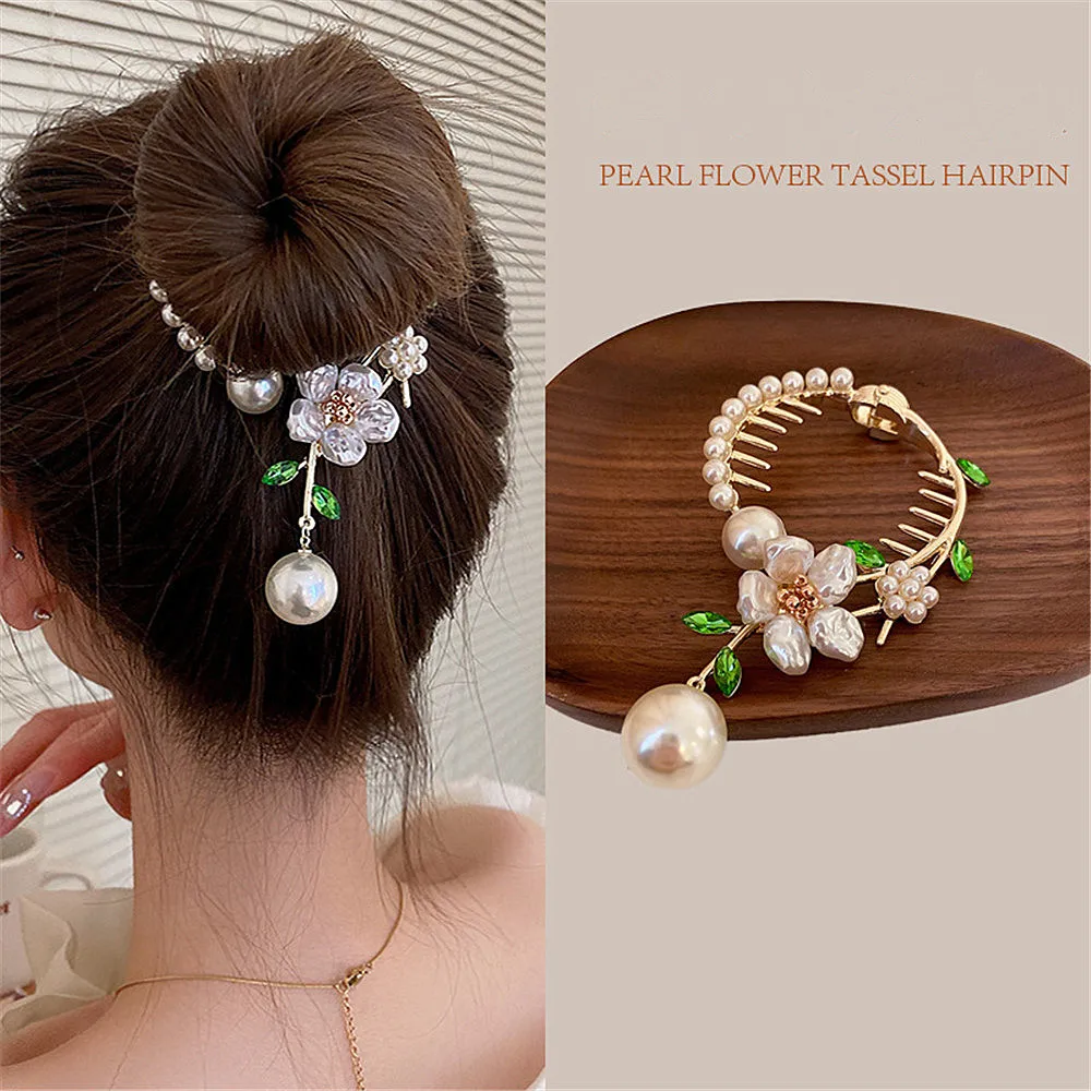 2023 New Temperament Retro Rose Tassel Fixed Plate Hair Artifact Pearl Ponytail Hair Clips Back Head Decorative Hair Accessories