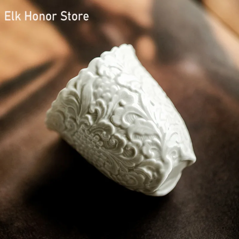 80ml Plant Gray Carved Flower Teacup Ancient Sample Tea Cup Tripodia Master Cups Fragrance Cup Household Tea Services Collection