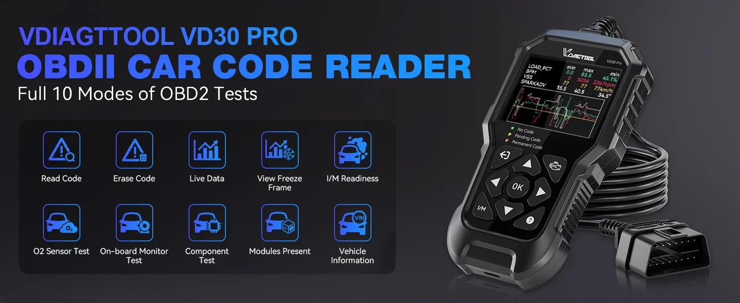 2026 VDIAGTOOL VD30Pro OBD2 Scanner Diagnostic Tools OBDII Code Reader Tool For Check Engine Light Battery Voltage Testing