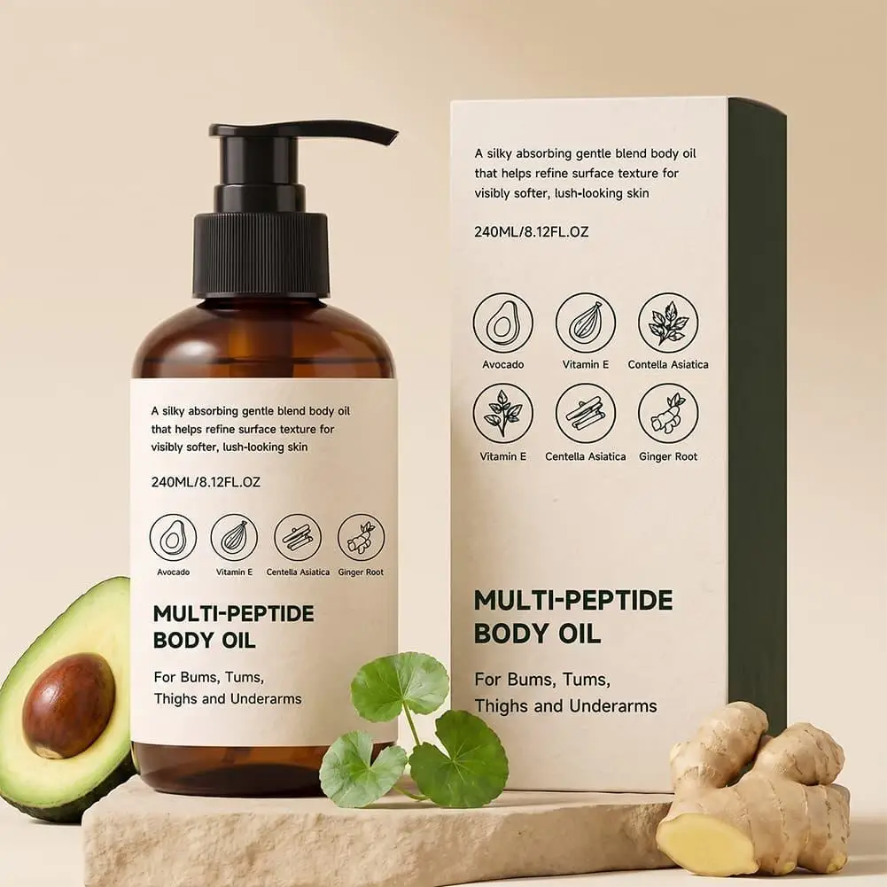 Multi-Peptide Body Oil 240ml Avocado Vitamin E Centella Asiatica Ginger Root Brand Skin Care Oil For Bums Tums Thighs Underarms