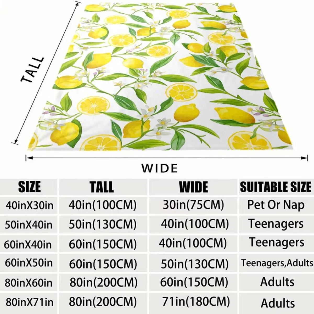 Bright Summer Lemon Branch Floral Watercolor Flannel Throw Blanket Soft Cover for Couch Indoor Fresh Aesthetic Room Home Decor