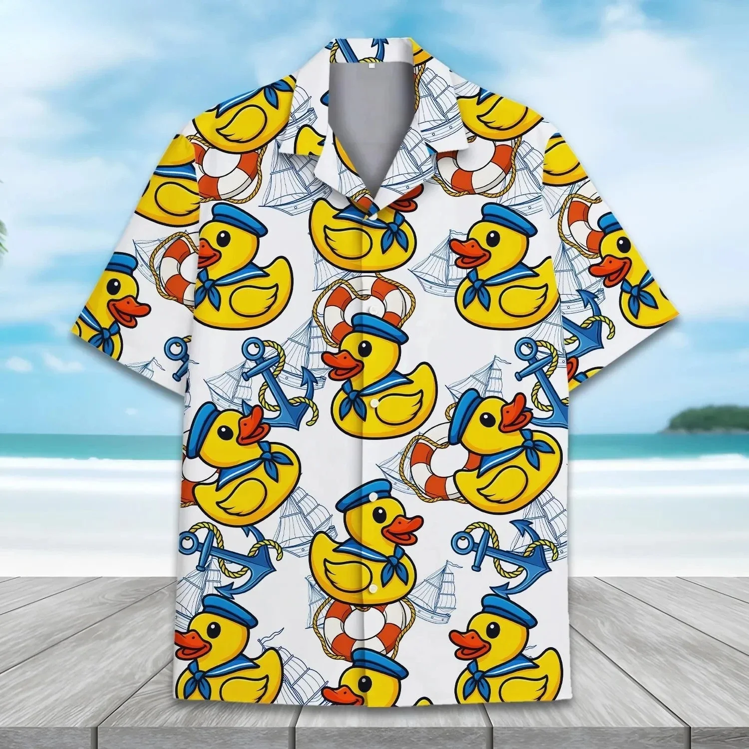 Anchor Rubber Duck Hawaiian Shirt Multi Style Optional Men US Retro Korean Loose Nautical Ocean Vacation Cuba Collar Shirts