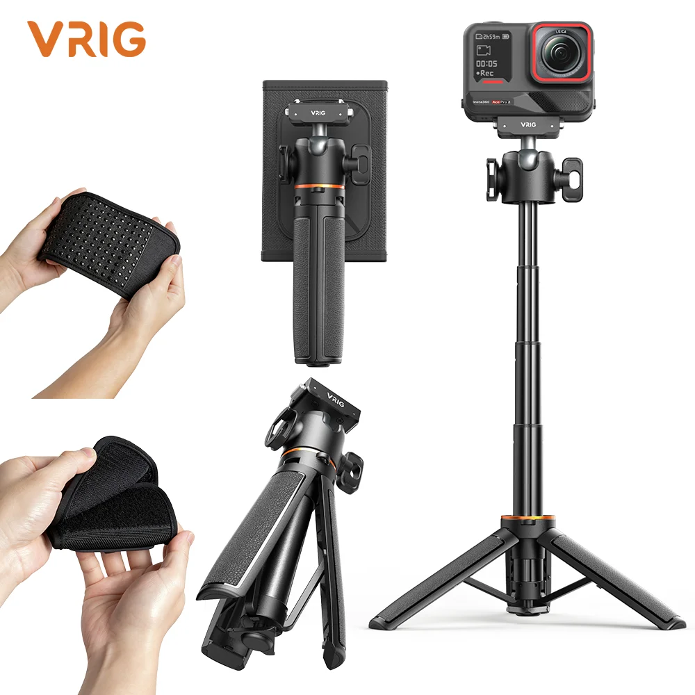 VRIG TP-48 Magnetic Quick Release Tripod Backpack Clip Auto Pop-up Selfie Stick 360° Ball Head for Insta360 Ace Pro 2 X5 X6 Vlog