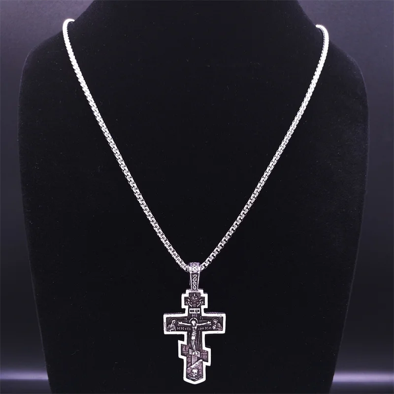Orthodox Icon Cross Statue Crucifix Pendant Necklace Stainless Steel Grunge Male Chain Necklaces Jewelry collar hombre NZZ293S02