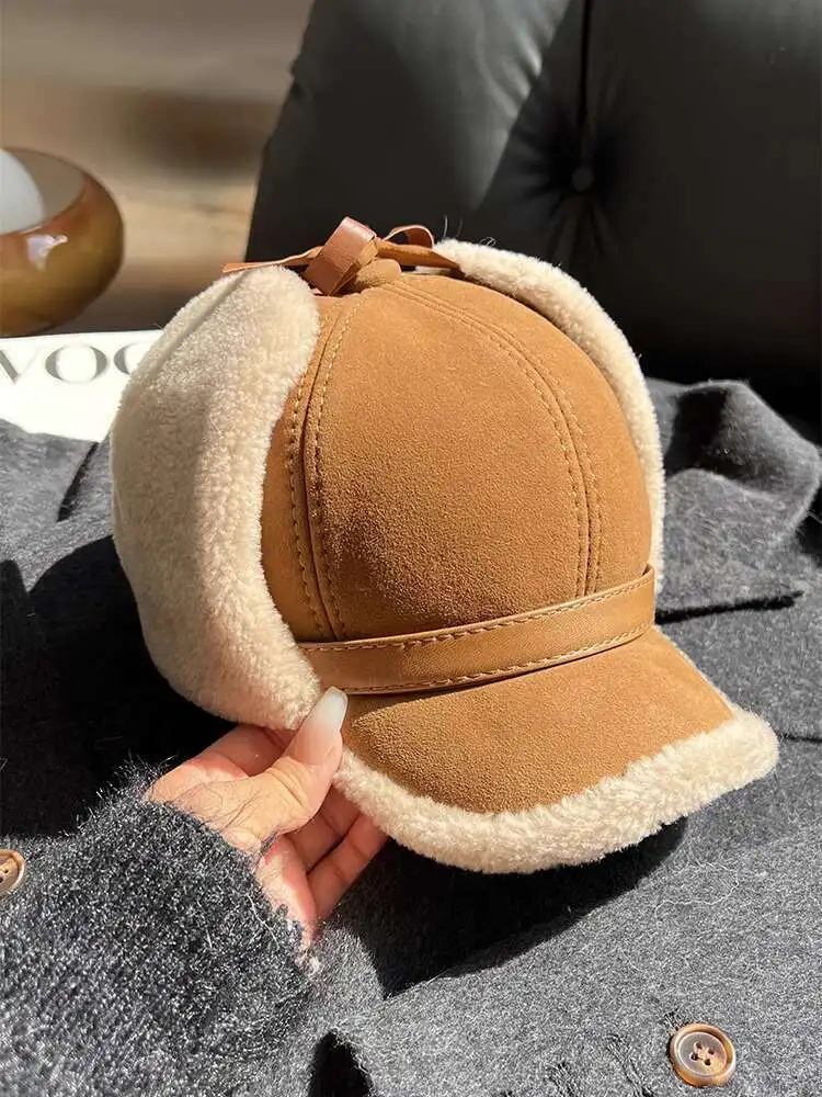 

Men's Genuine Leather Cap Winter Warm Lamb Fur Hat Trapper Aviator Trooper Earflap Bomber Hat Russian Ski Ear Rrotectors Hats