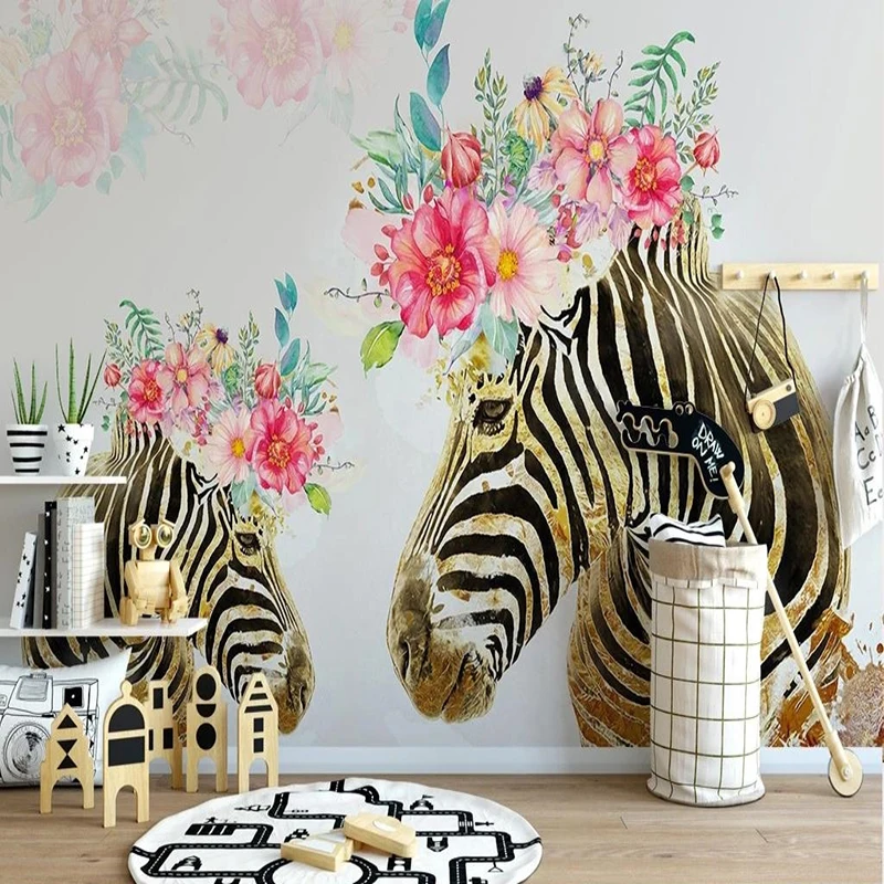 

Custom Size Photo Wallpaper Modern 3D Golden Zebra Nordic Floral Mural Children's Bedroom Background Wall Decoration Painting