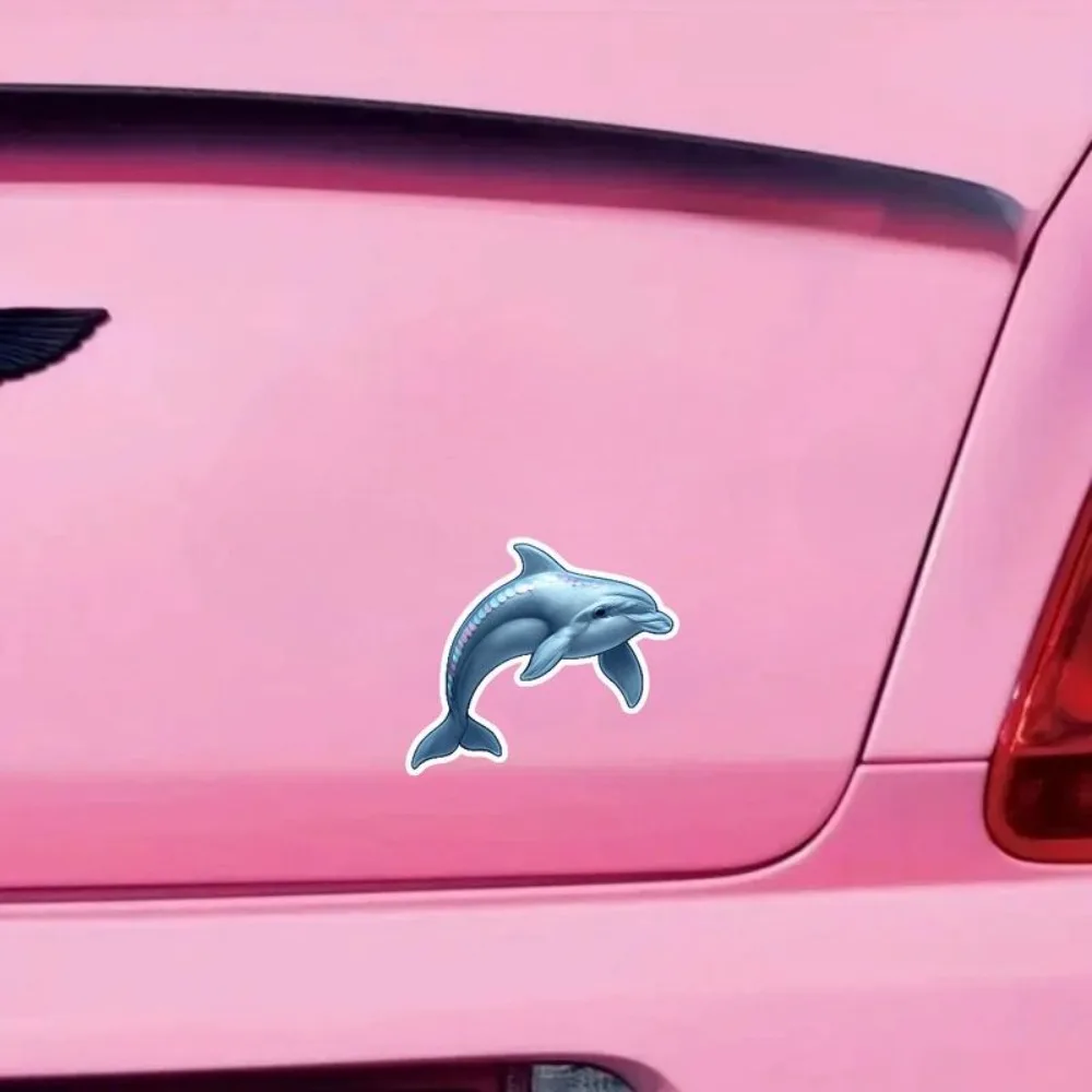 Single Car Vinyl Sticker Featuring a Cartoonish Light Blue Dolphin Adorned with Shimmering Pastel Scales Glossy Smooth