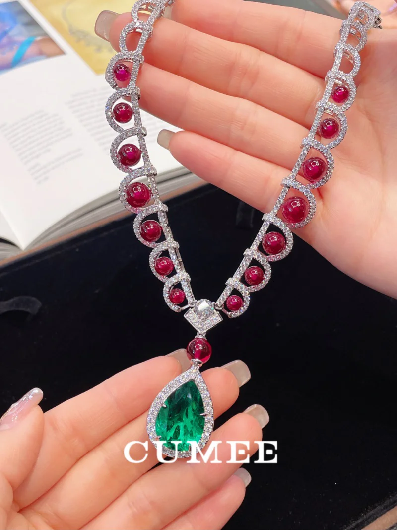 CUMEE Luxury Fashionable Pear Cultivation Synthetic Gemstone Ruby Emerald Necklace. 925 Silver Gold-plated