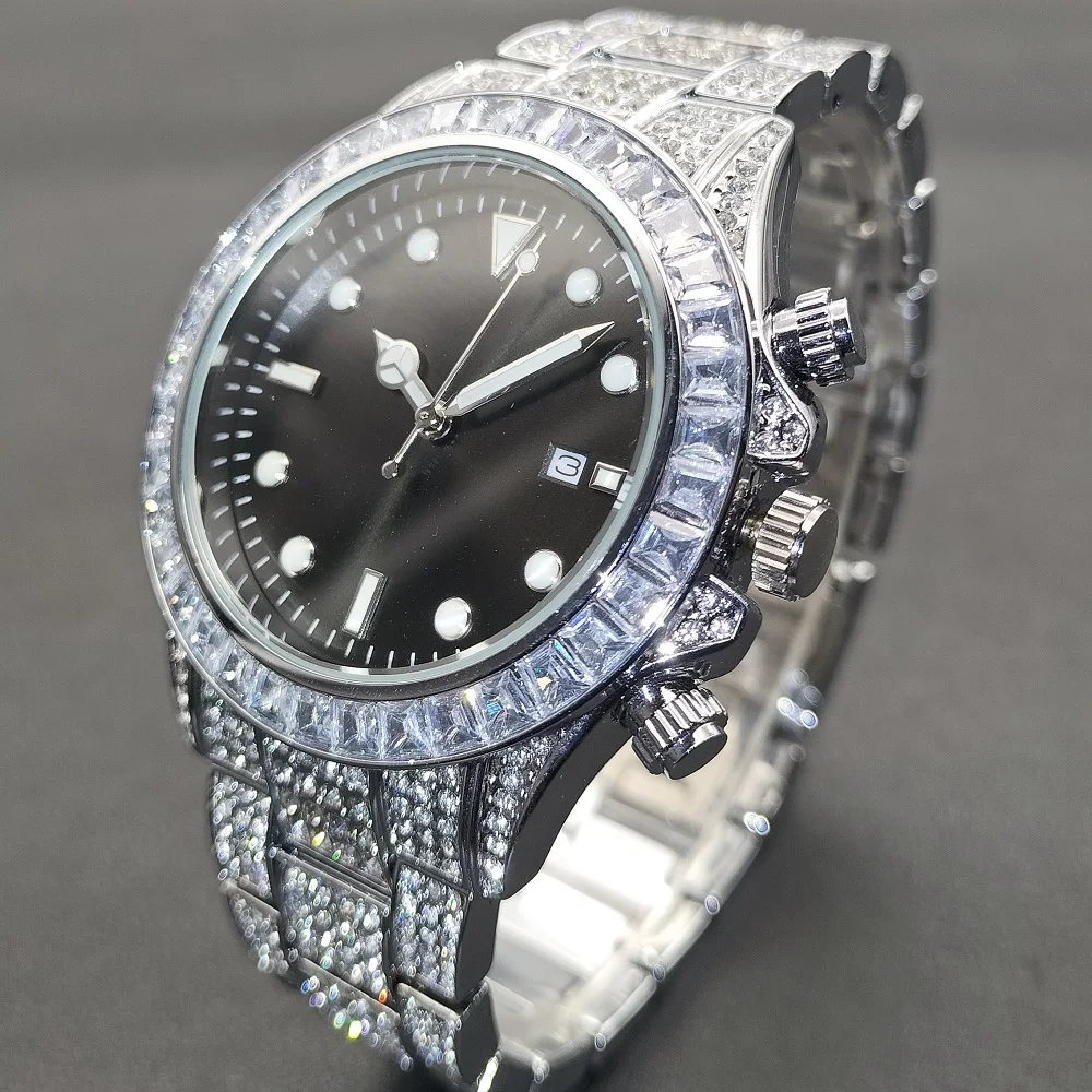 MISSFOX Watch For Men Business Silver Diamond Stainless Steel Male Wrist Watches Fashion Auto Date Waterproof Men\'s Quartz Reloj