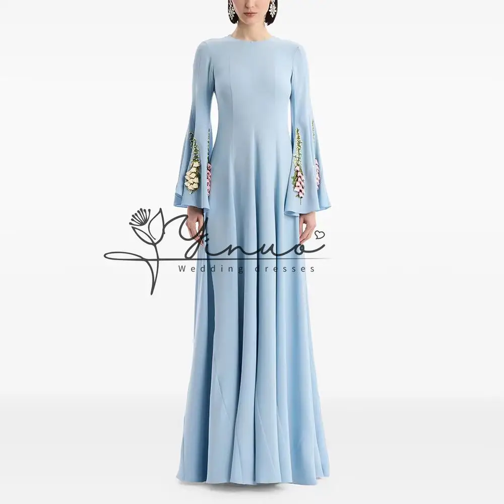 Customized 2026 Women's Sky Blue Floral Embroidery Flare Sleeve Evening Gown Maxi Long Dress for Formal Party